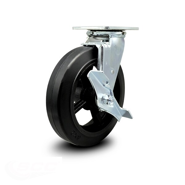 Service Caster 8 Inch Rubber on Steel Swivel Caster with Roller Bearing and Brake SCC SCC-30CS820-RSR-TLB - main